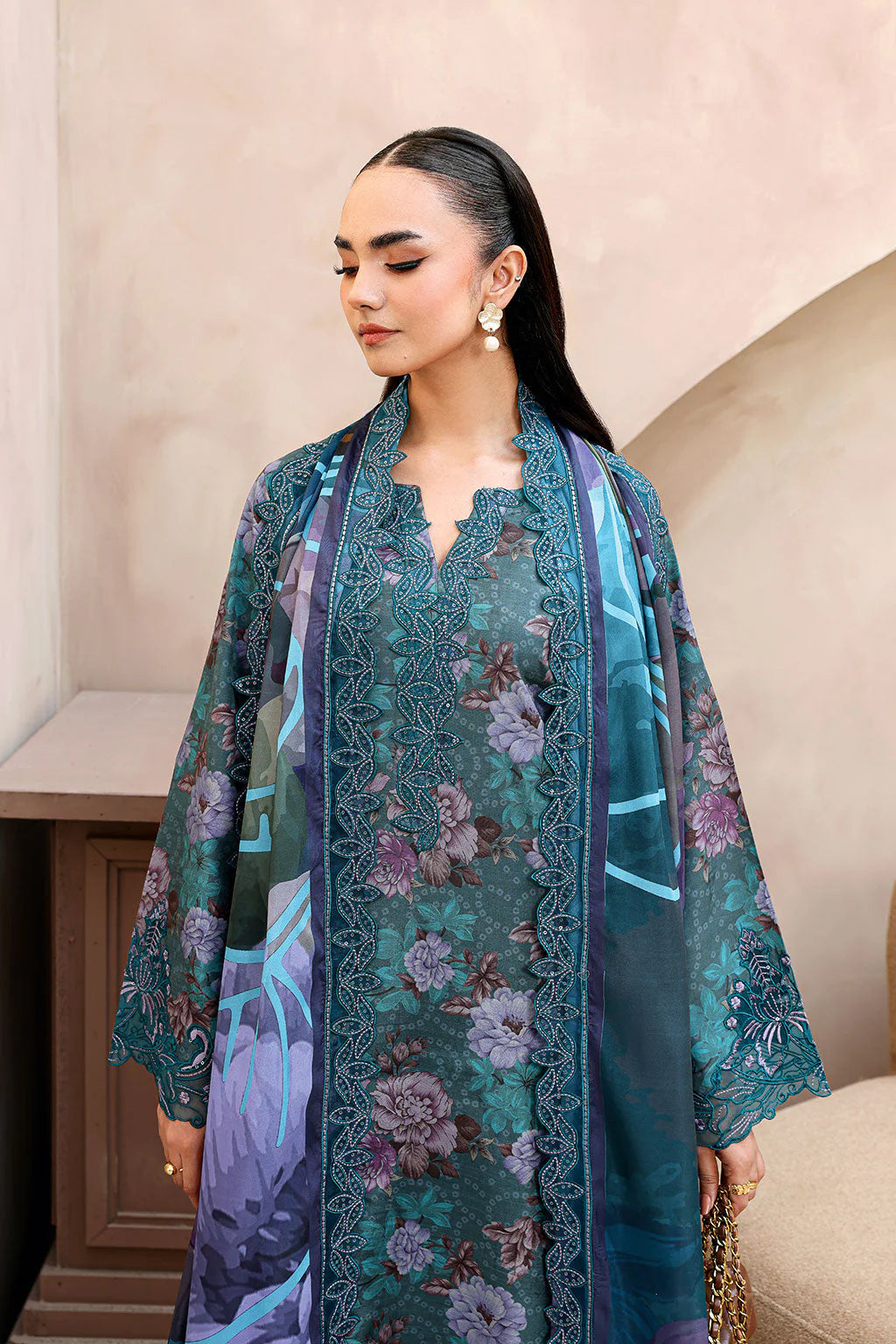 Teal floral embroidered suit