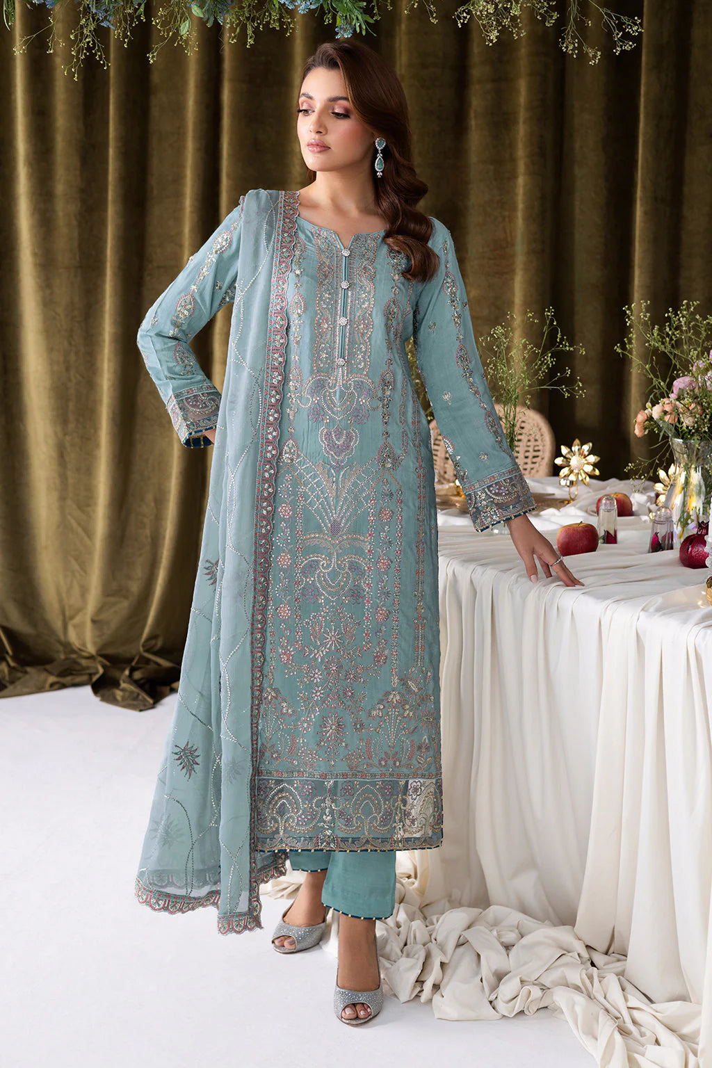 Serene Aqua Embroidered Ensemble