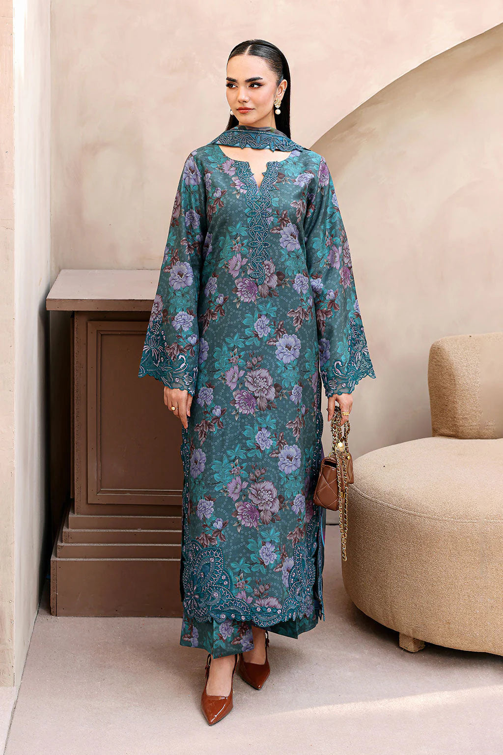 Teal floral embroidered suit