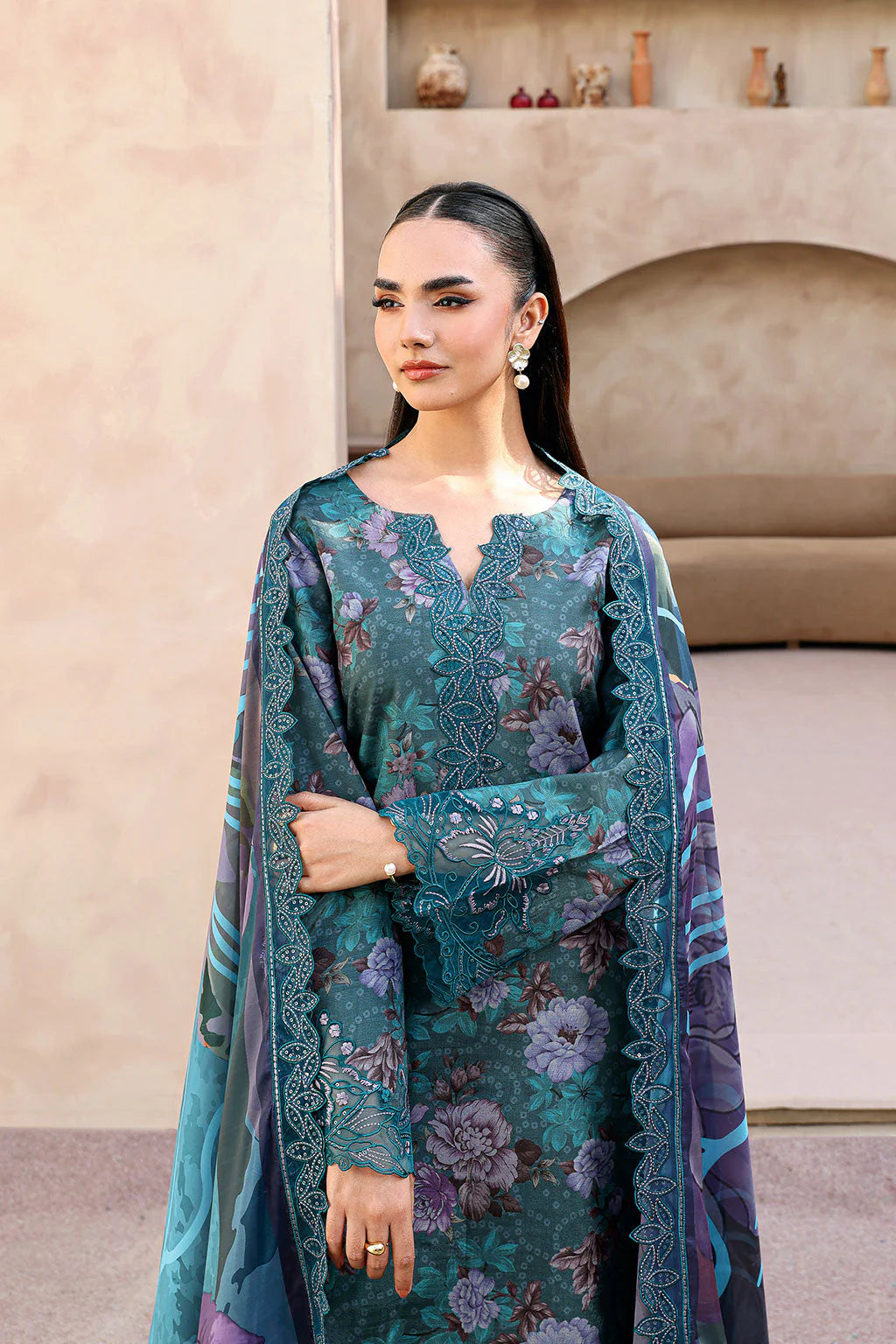 Teal floral embroidered suit